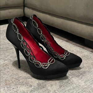 Cesare Paciotti Black Heels with Red Interior and Silver Accents